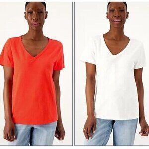 Candace Cameron Bure Breezy Cotton Set of Two V-Neck Tops Cherry/White. Medium